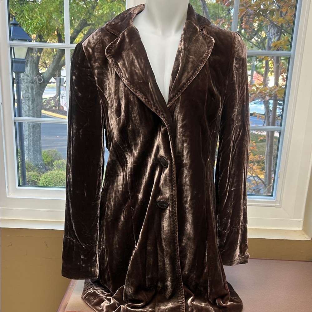 Coldwater Creek Brown Poet Lux Long Velvet A-Line Button Silk Blend Jacket Sz 14